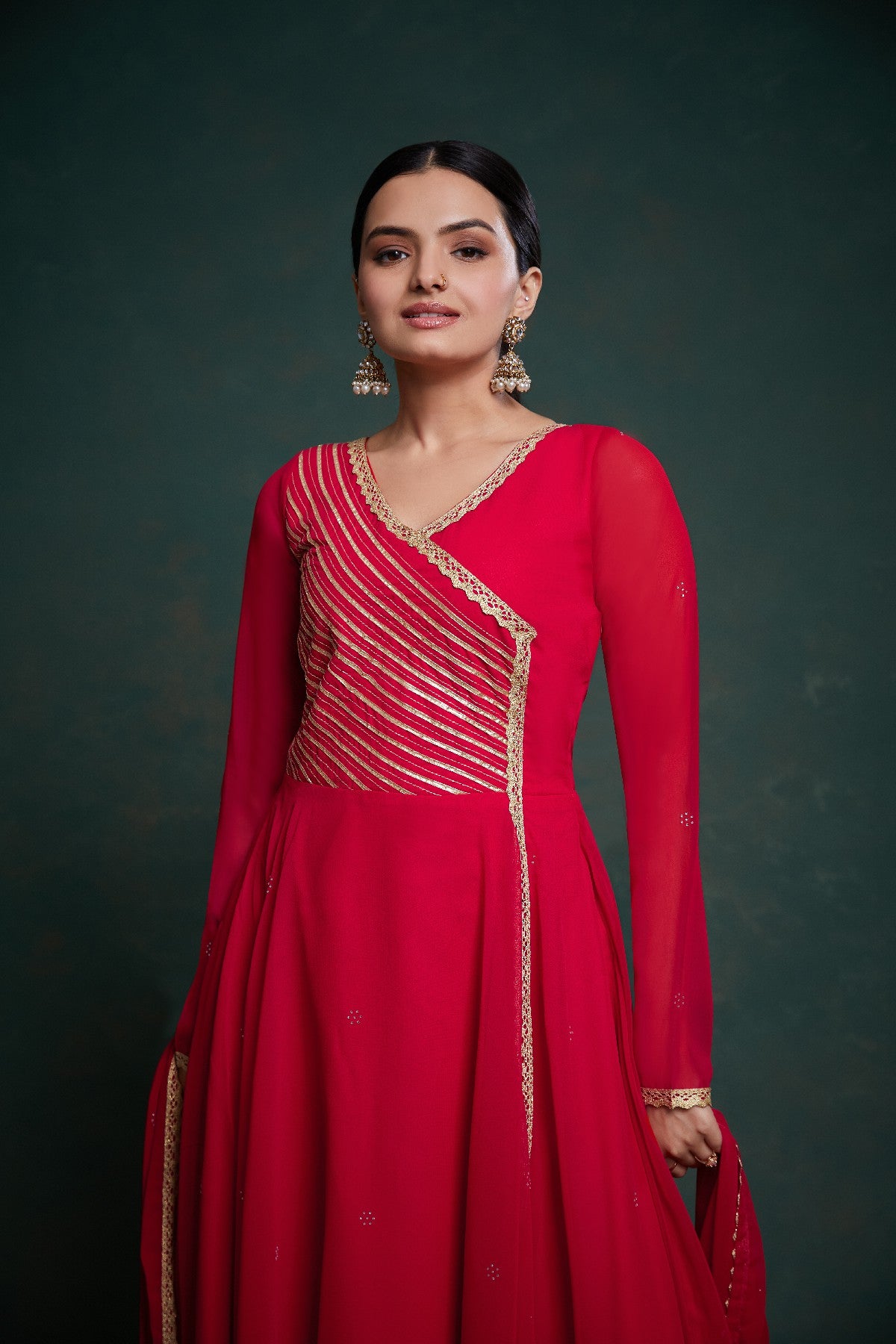 Red Elegant Gota Patti Worked Georgette Gown With Dupatta