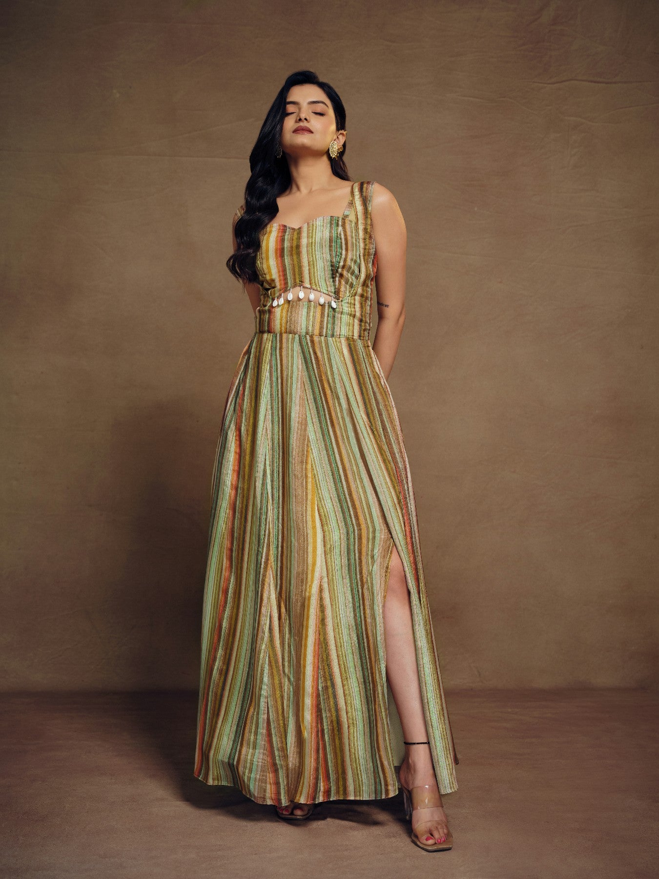 Graceful Abstract Printed Slit Cut Styled Silk Gown