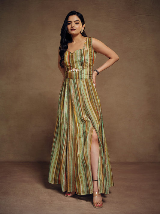 Graceful Abstract Printed Slit Cut Styled Silk Gown