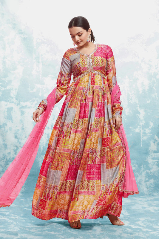 Stylish Digital Printed Cotton Gown With Net Dupatta