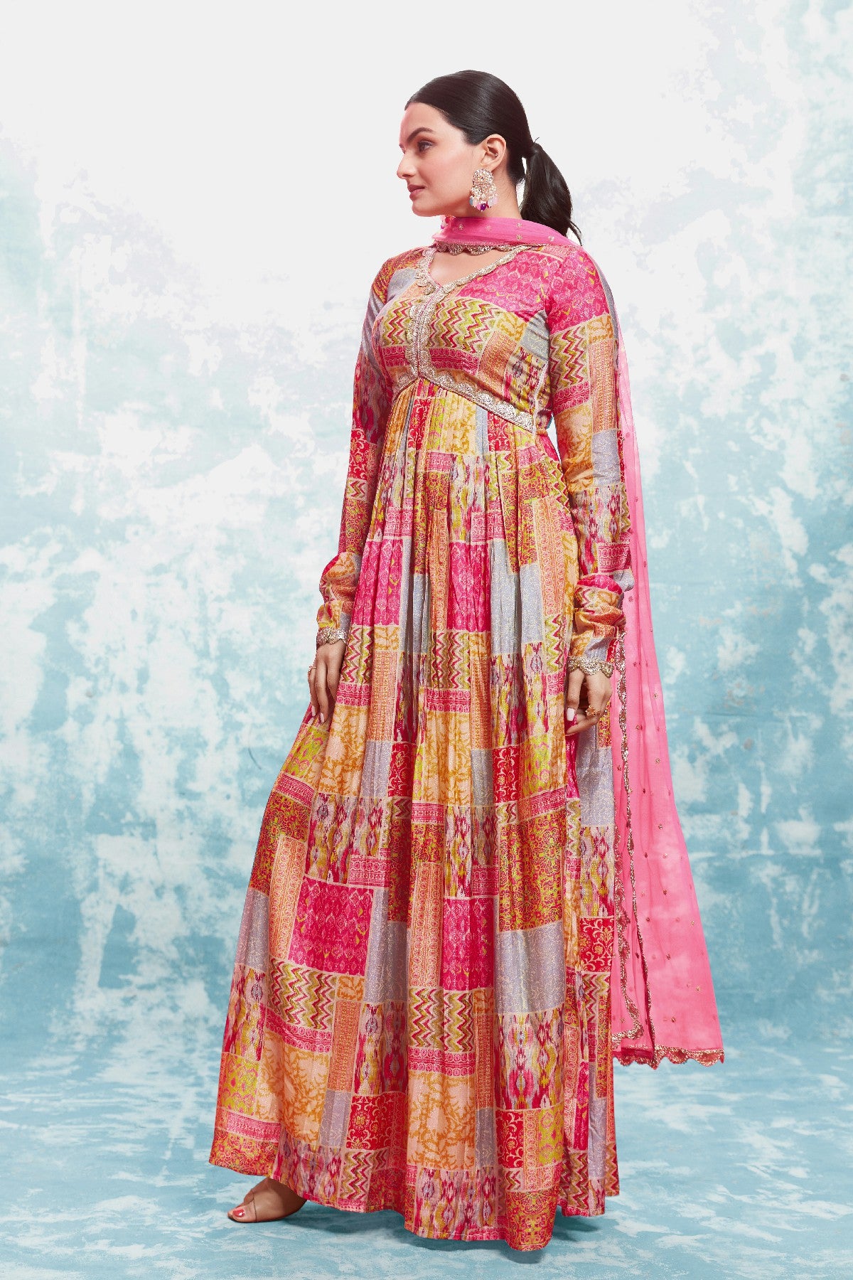 Stylish Digital Printed Cotton Gown With Net Dupatta