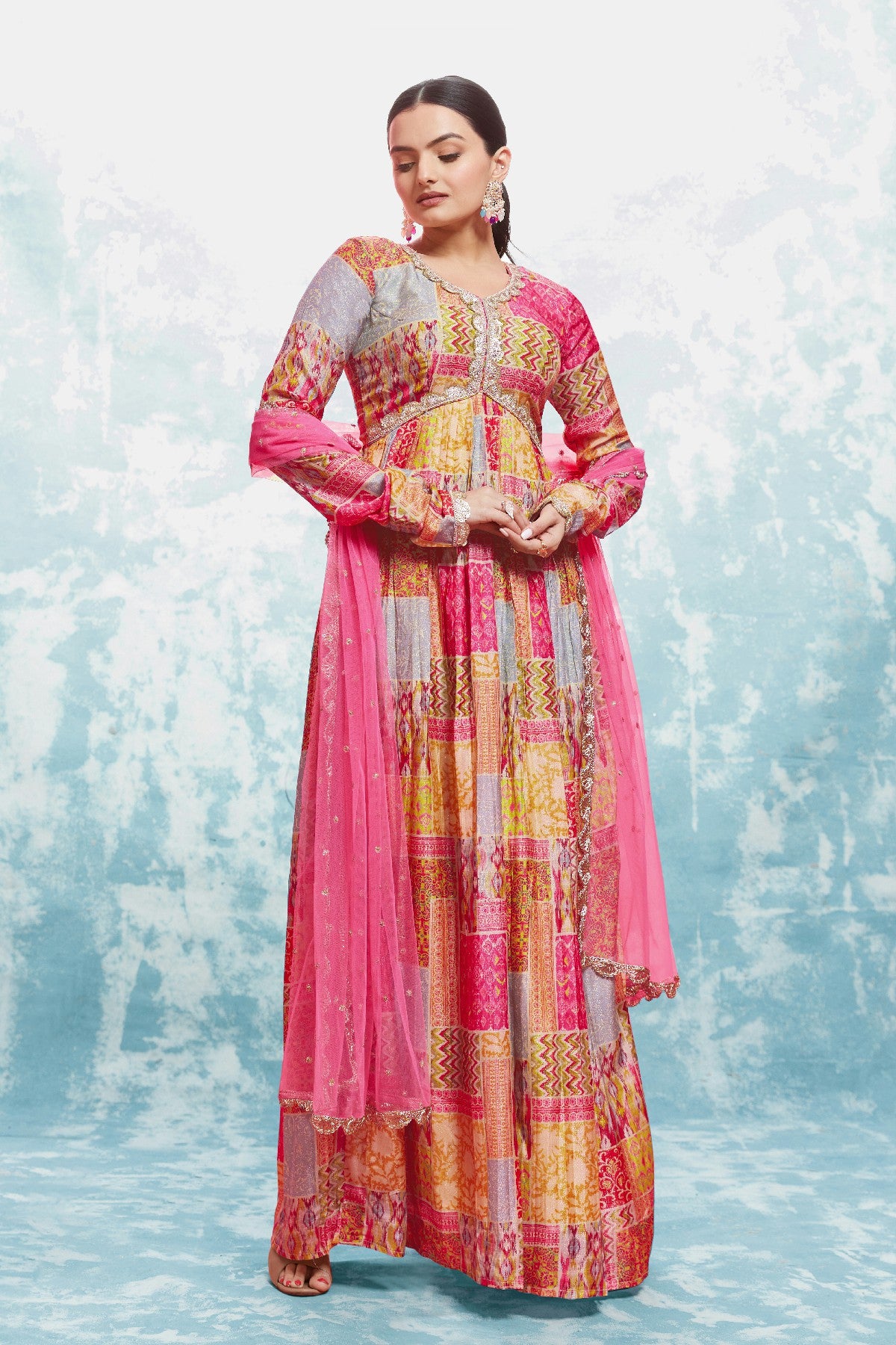 Stylish Digital Printed Cotton Gown With Net Dupatta