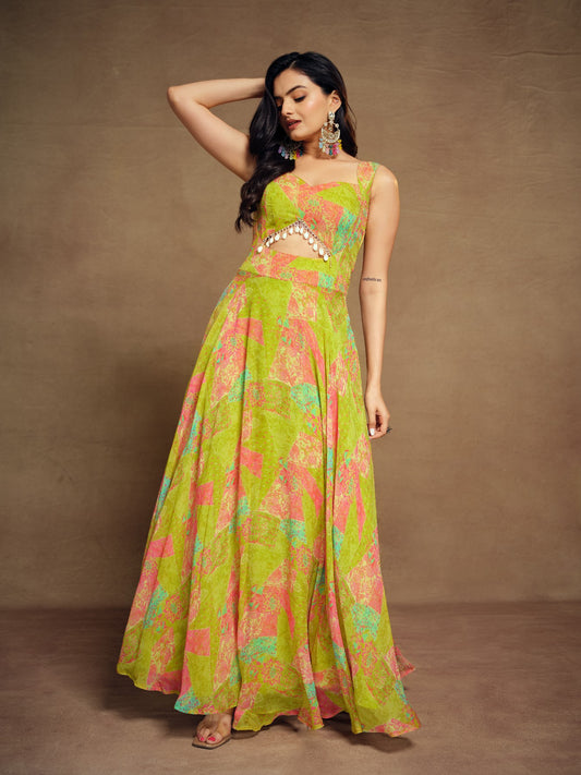 Stylish Parrot Green Floral Digital Printed Fully Stitched Gown