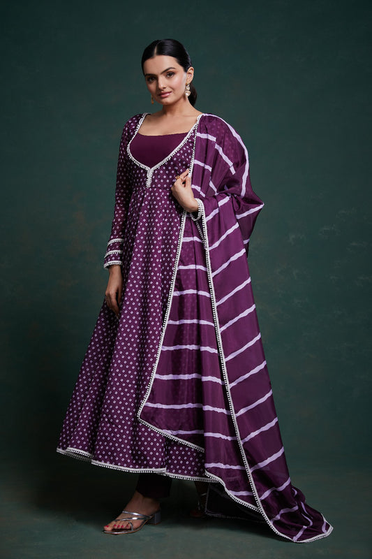 Elegant Purple Crepe Digital Printed Anarkali Pant Suit