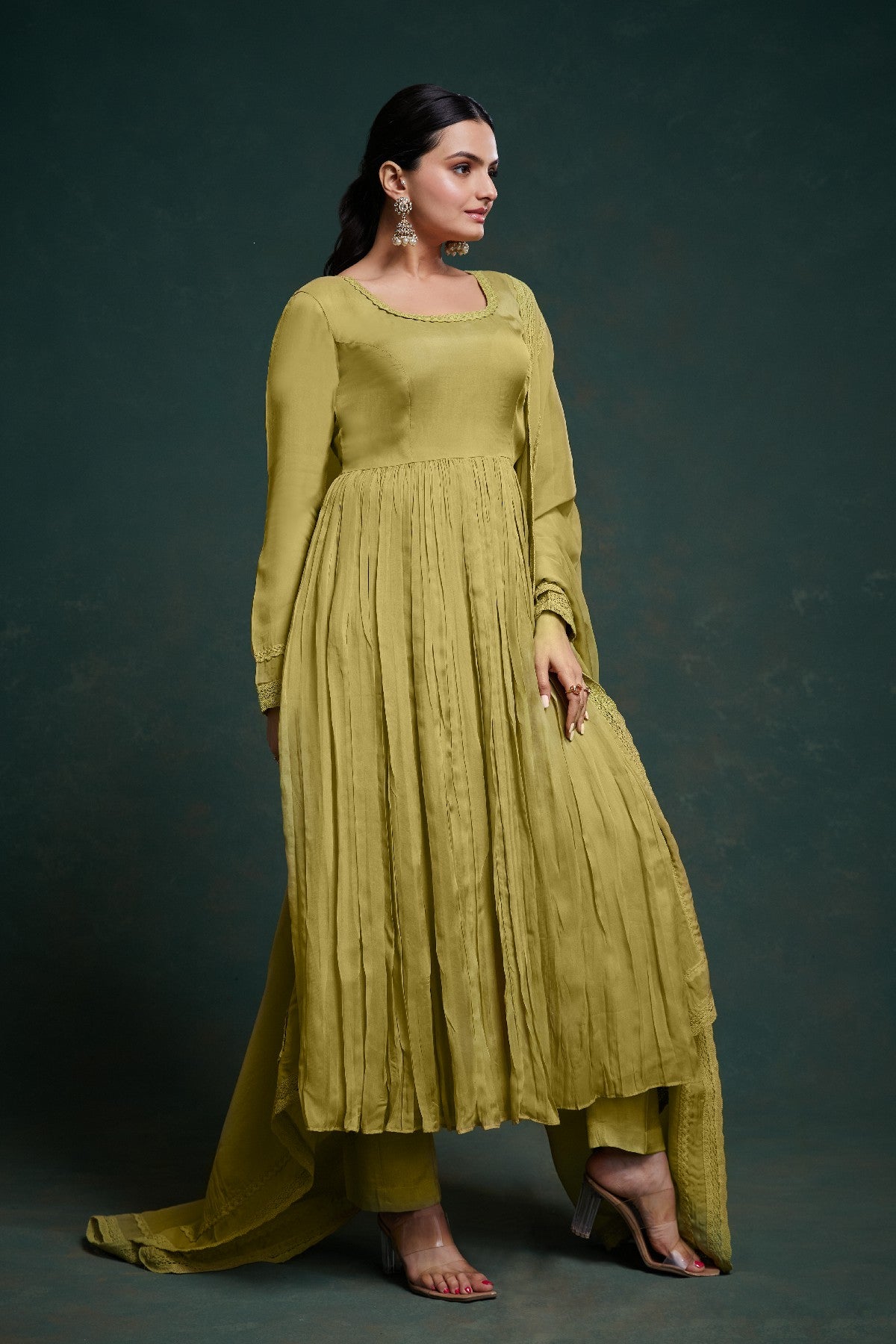 Green Organza Fully Stitched Fully Flared Anarkali Pant Suit