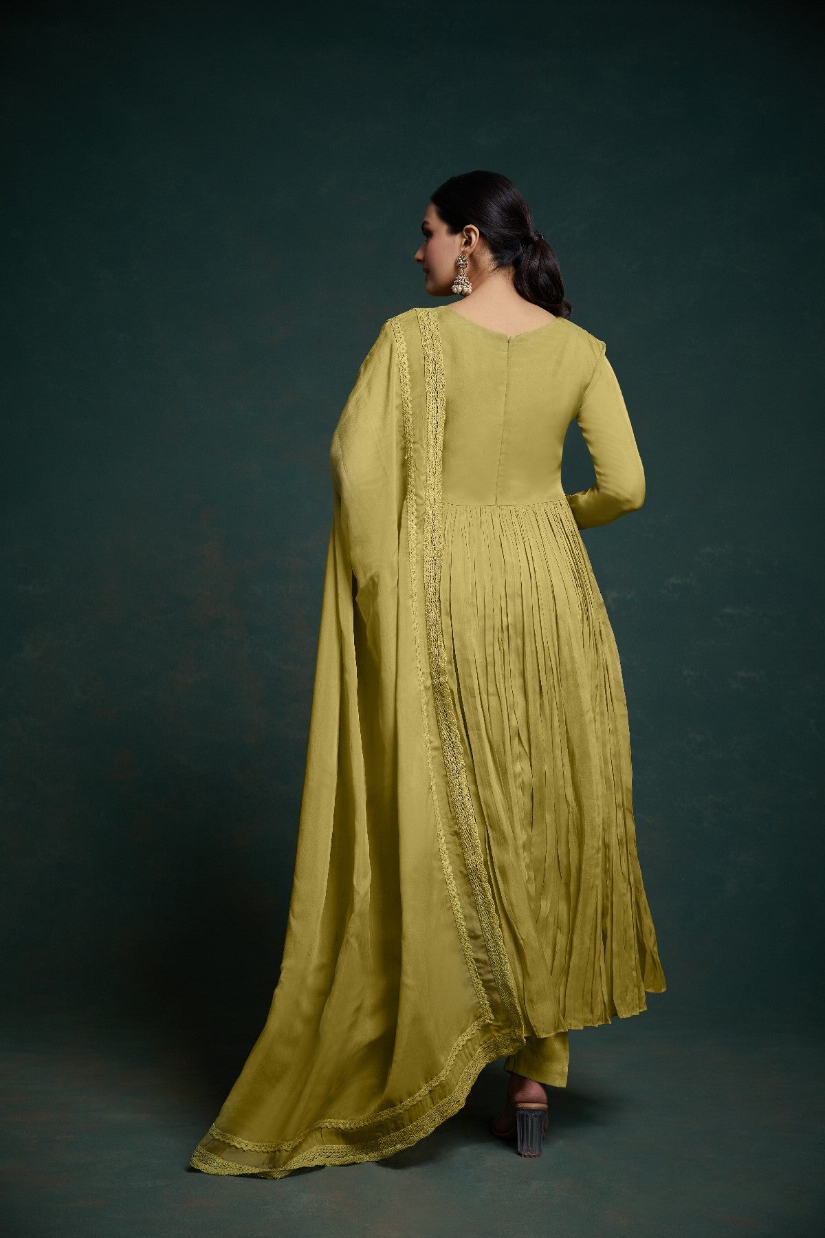 Green Organza Fully Stitched Fully Flared Anarkali Pant Suit