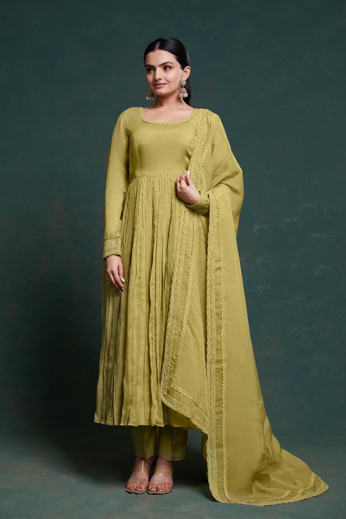 Green Organza Fully Stitched Fully Flared Anarkali Pant Suit