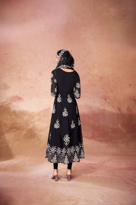 Black Elegant Georgette Embroidered Anarkali Pant Suit