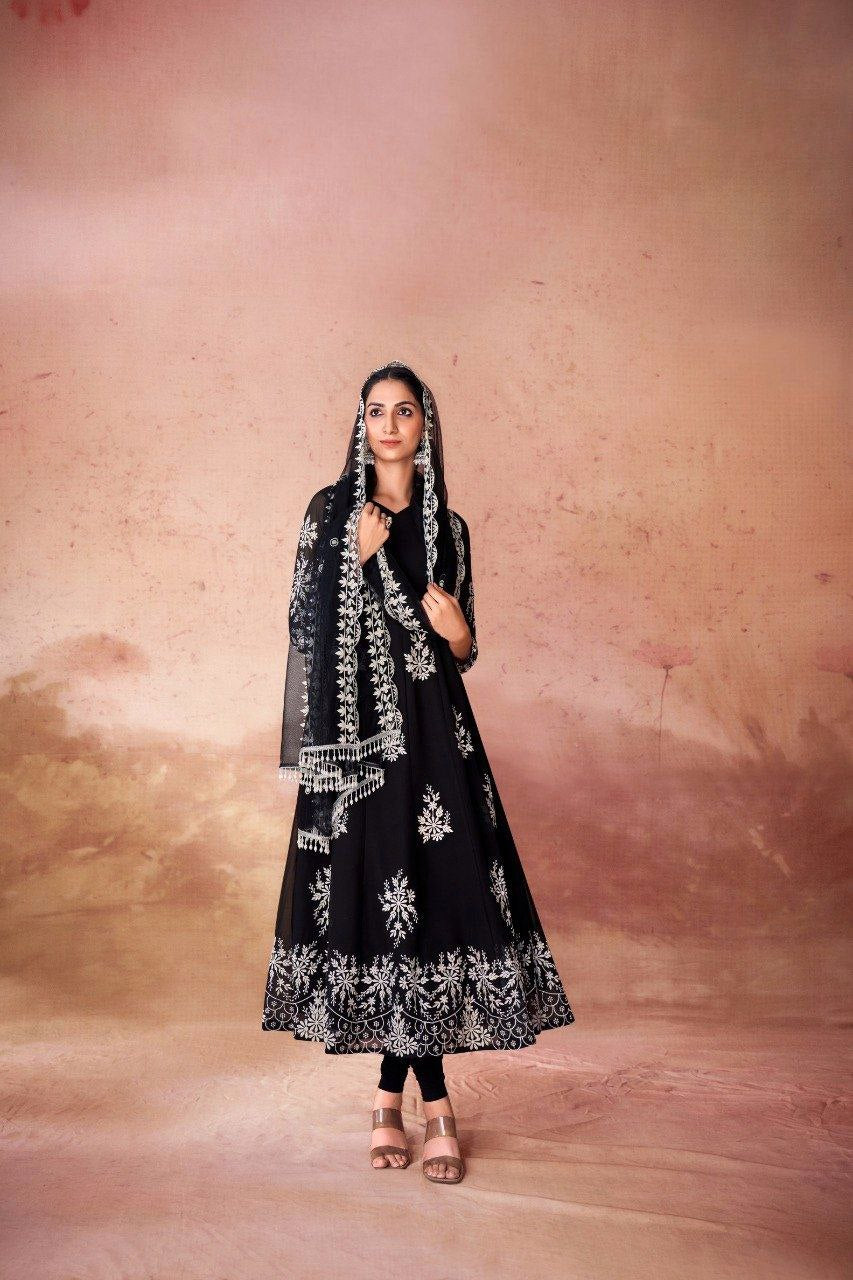 Black Elegant Georgette Embroidered Anarkali Pant Suit
