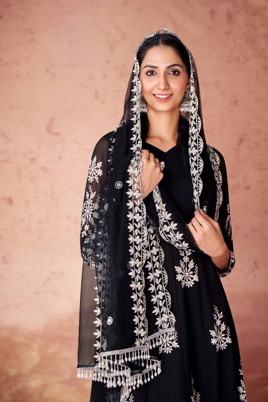 Black Elegant Georgette Embroidered Anarkali Pant Suit