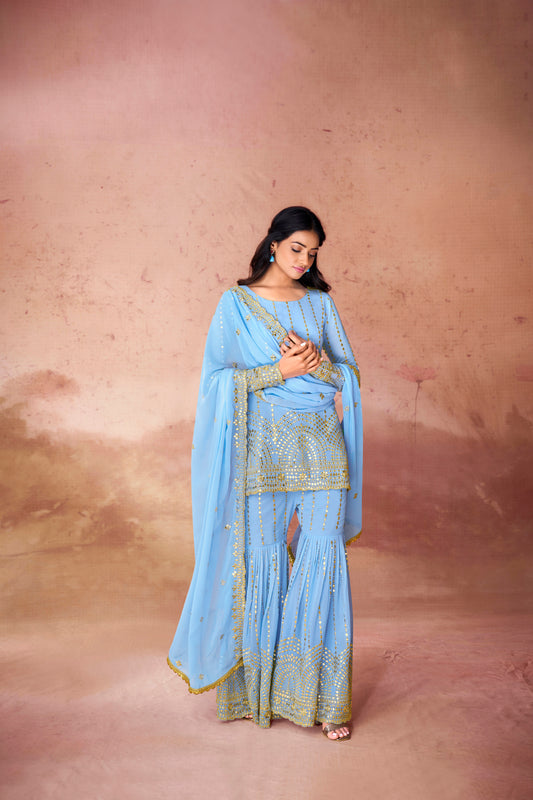 Sky Blue Georgette Sequins Embroidered Top Sharara Suit