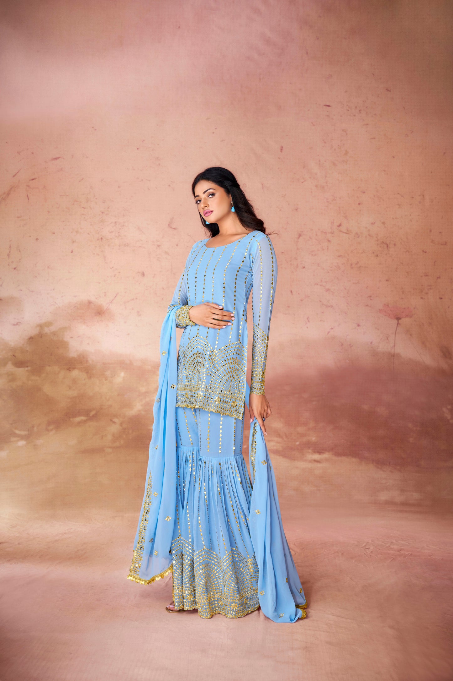 Sky Blue Georgette Sequins Embroidered Top Sharara Suit