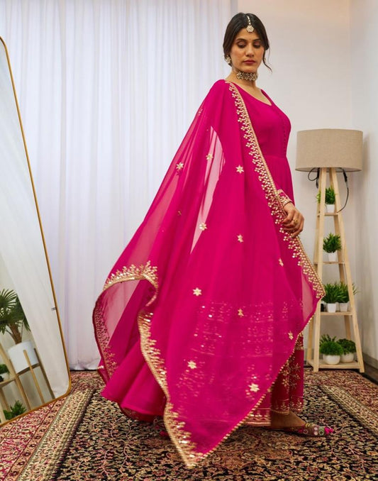 Graceful Pink Georgette Sequins Embroidered Gown With Dupatta