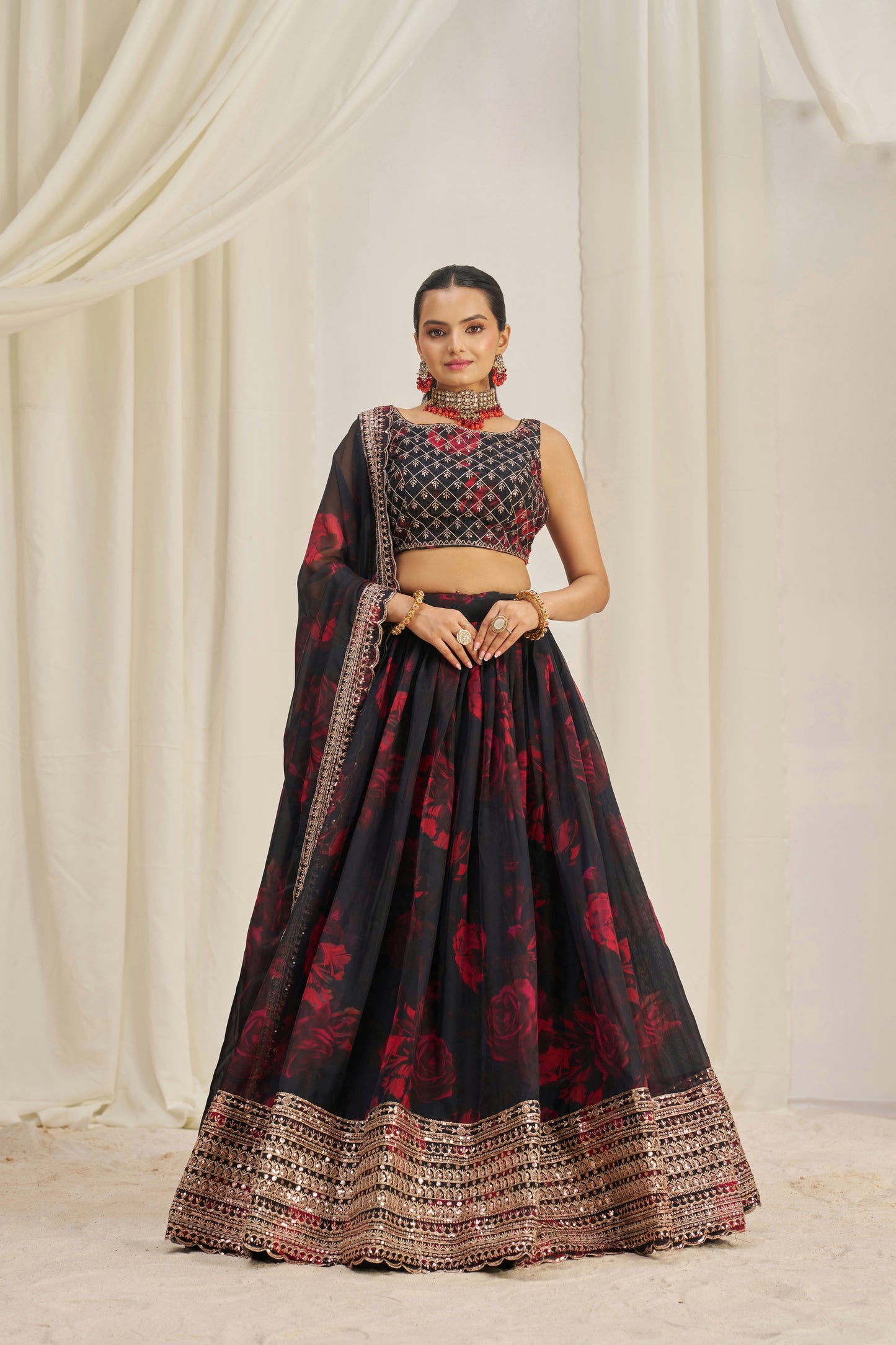 Stunning Floral Printed Sequins Embroidered Organza Lehenga Set