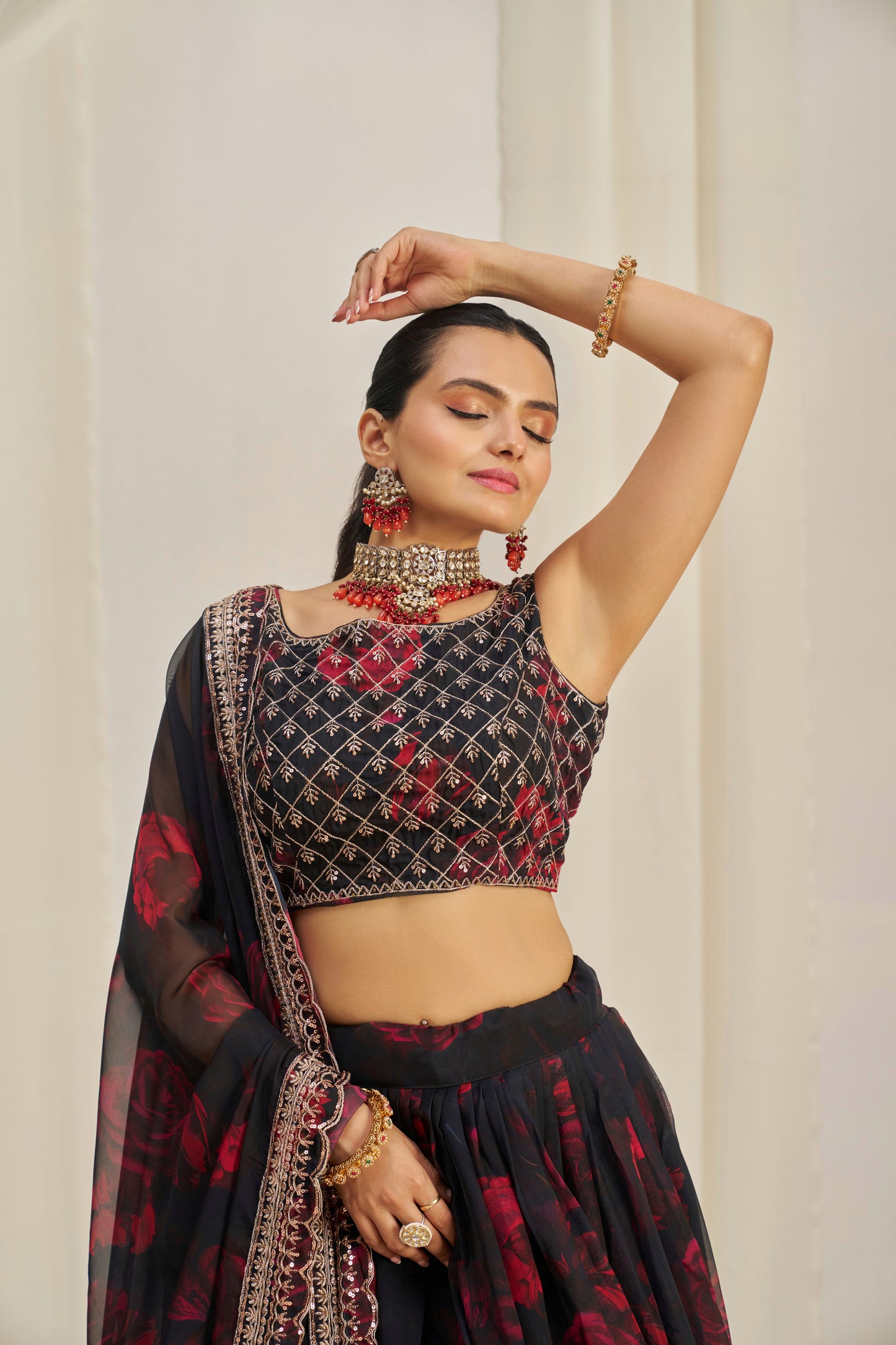 Stunning Floral Printed Sequins Embroidered Organza Lehenga Set
