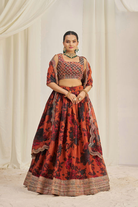 Stunning Floral Printed Sequins Embroidered Organza Lehenga Set