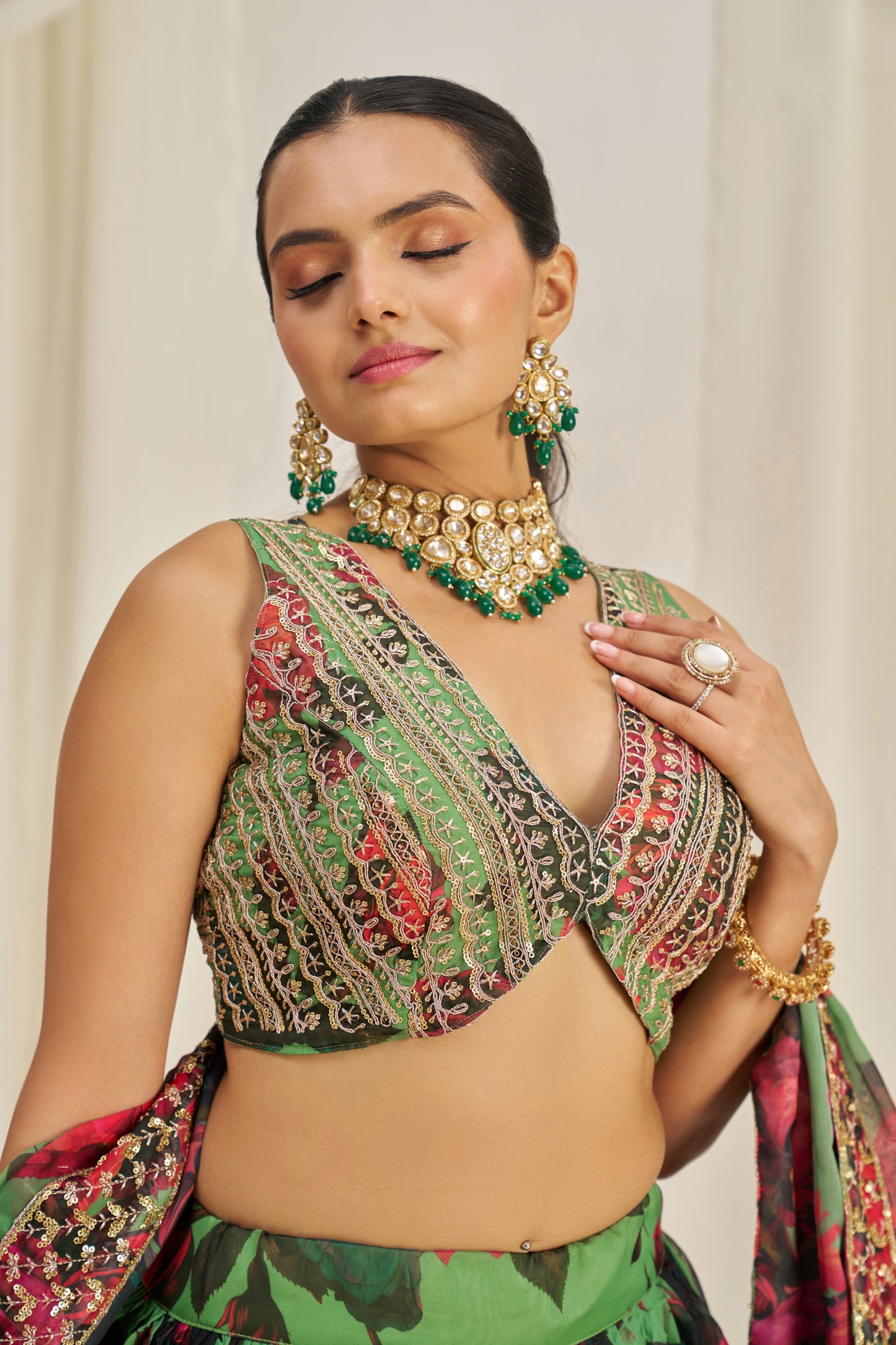Stunning Floral Printed Sequins Embroidered Organza Lehenga Set