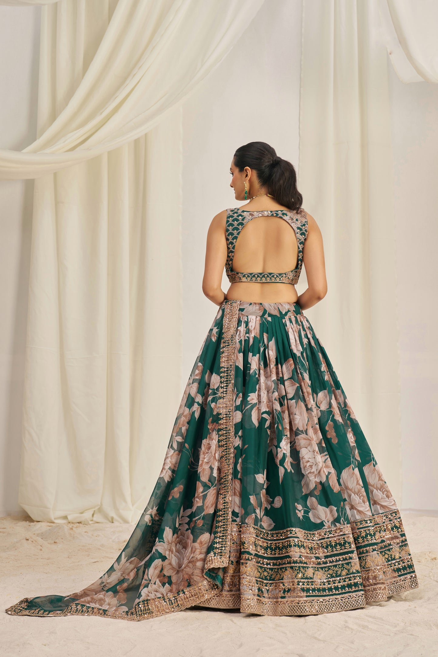 Stunning Floral Printed Sequins Embroidered Organza Lehenga Set