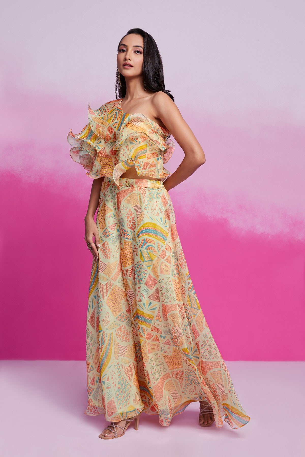 Graceful Elegance Cream Organza Top Palazzo Set