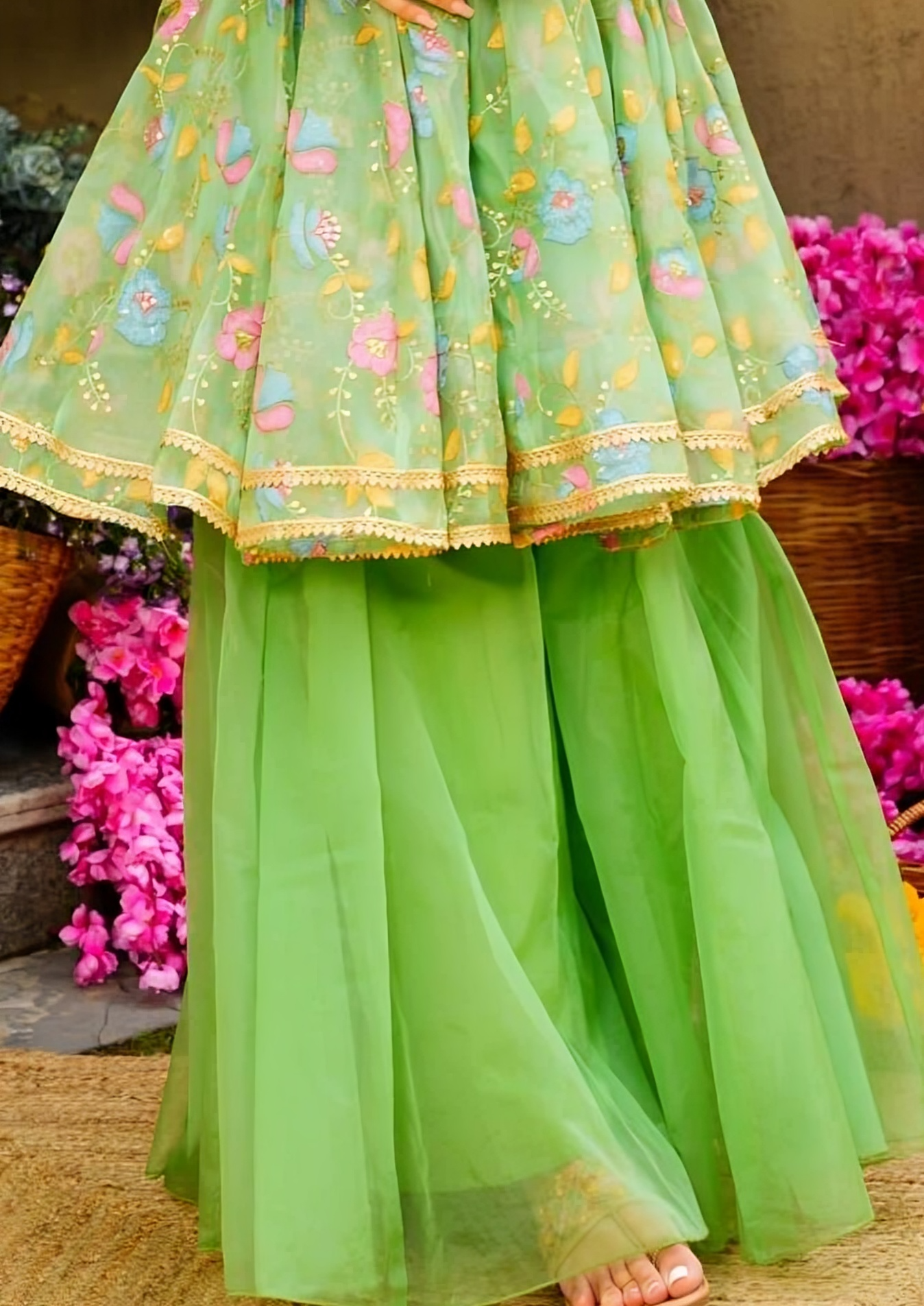 Graceful Pista Green Handpainted Sequins Zari Worked Organza Palazzo Suit