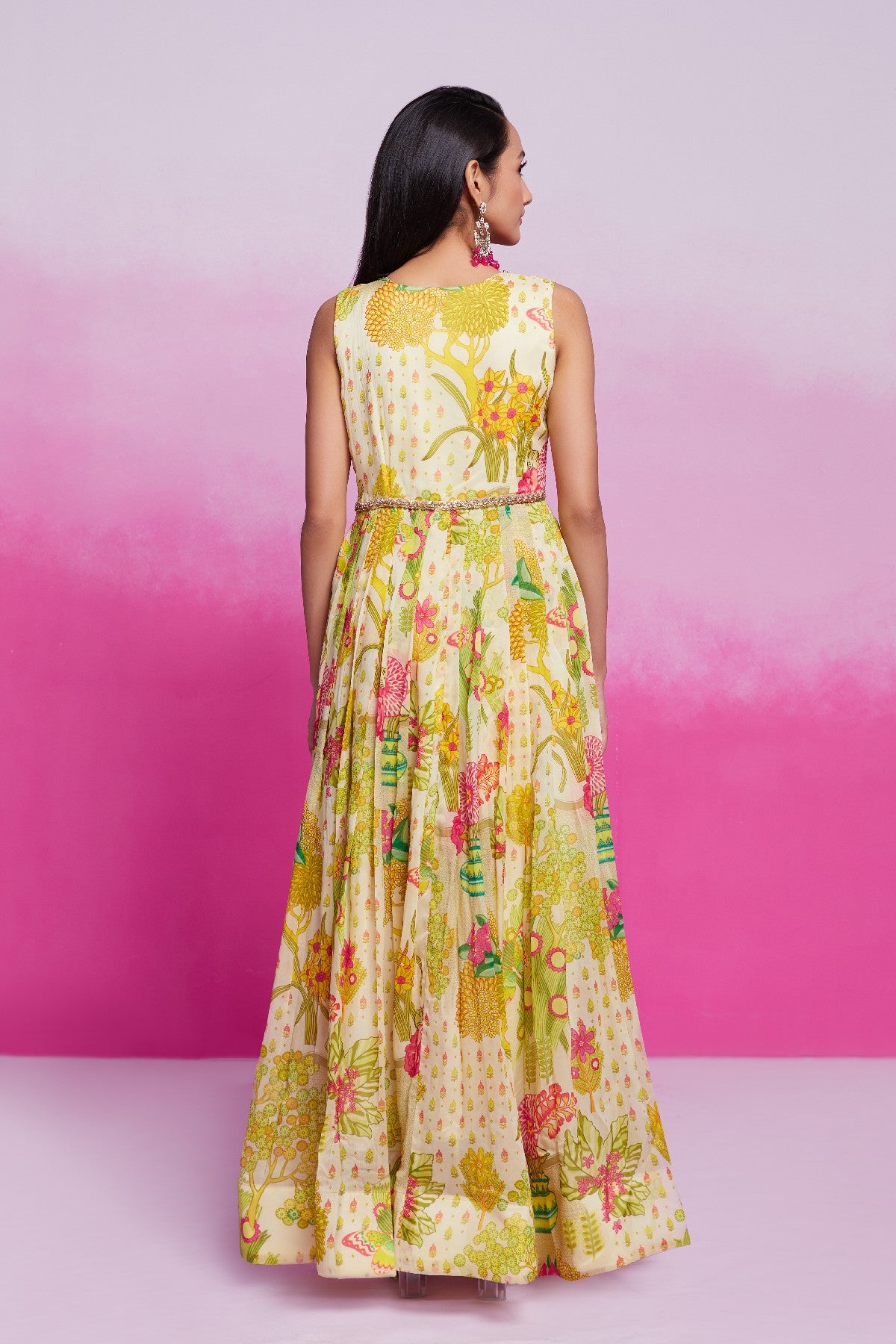 Amazing Yellow Handworked Floral Printed Organza Gown