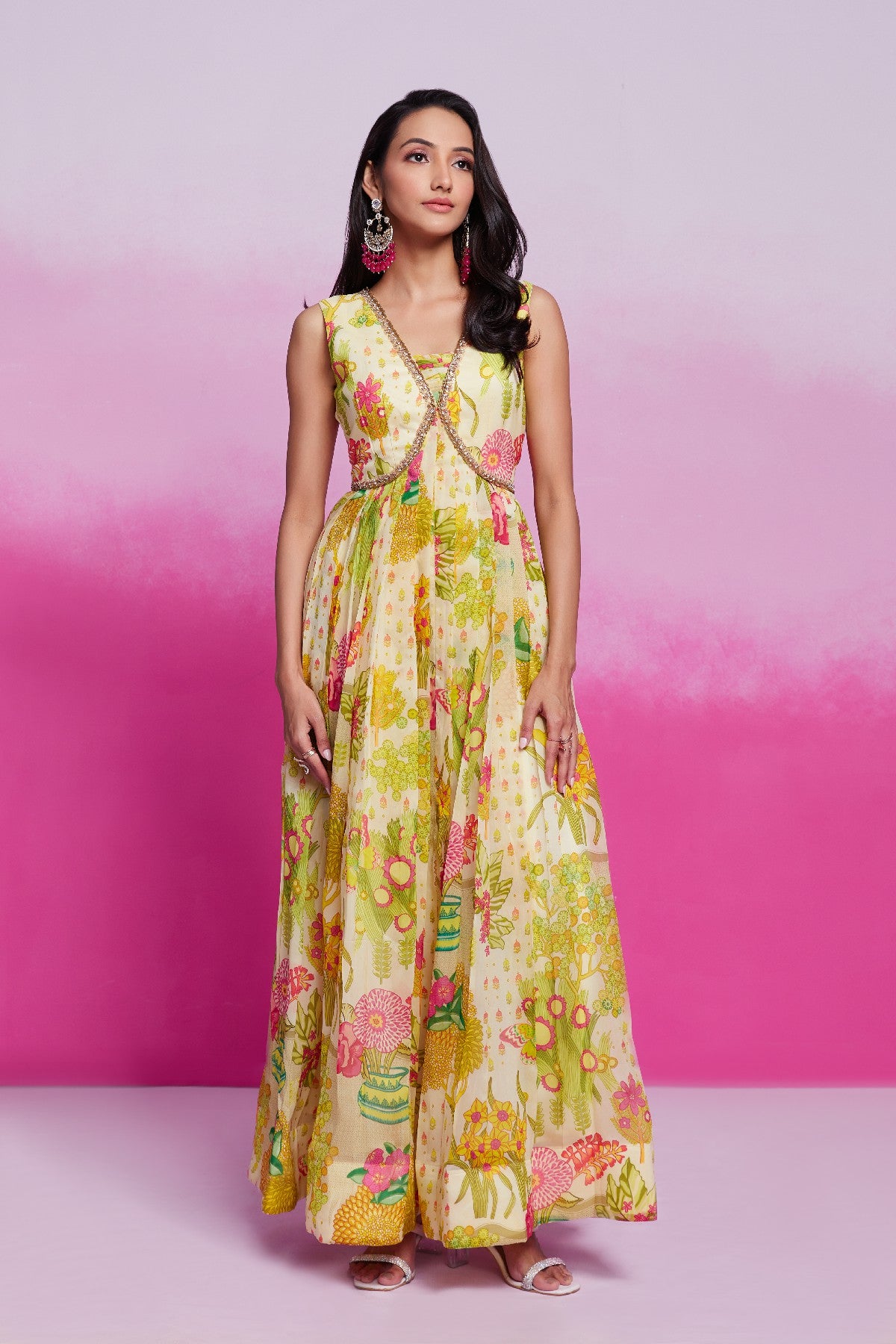Amazing Yellow Handworked Floral Printed Organza Gown
