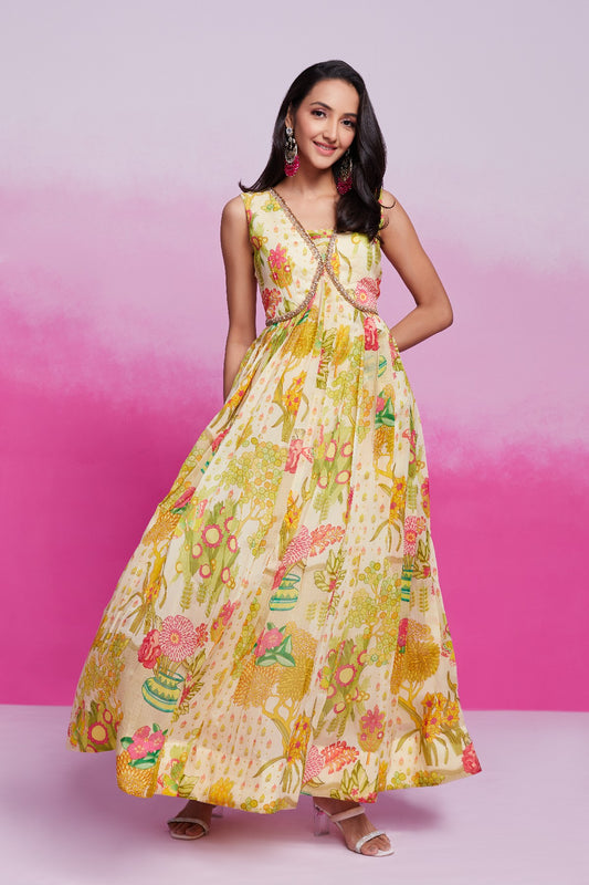 Amazing Yellow Handworked Floral Printed Organza Gown