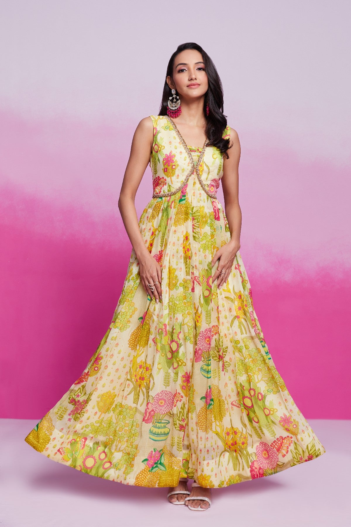 Amazing Yellow Handworked Floral Printed Organza Gown