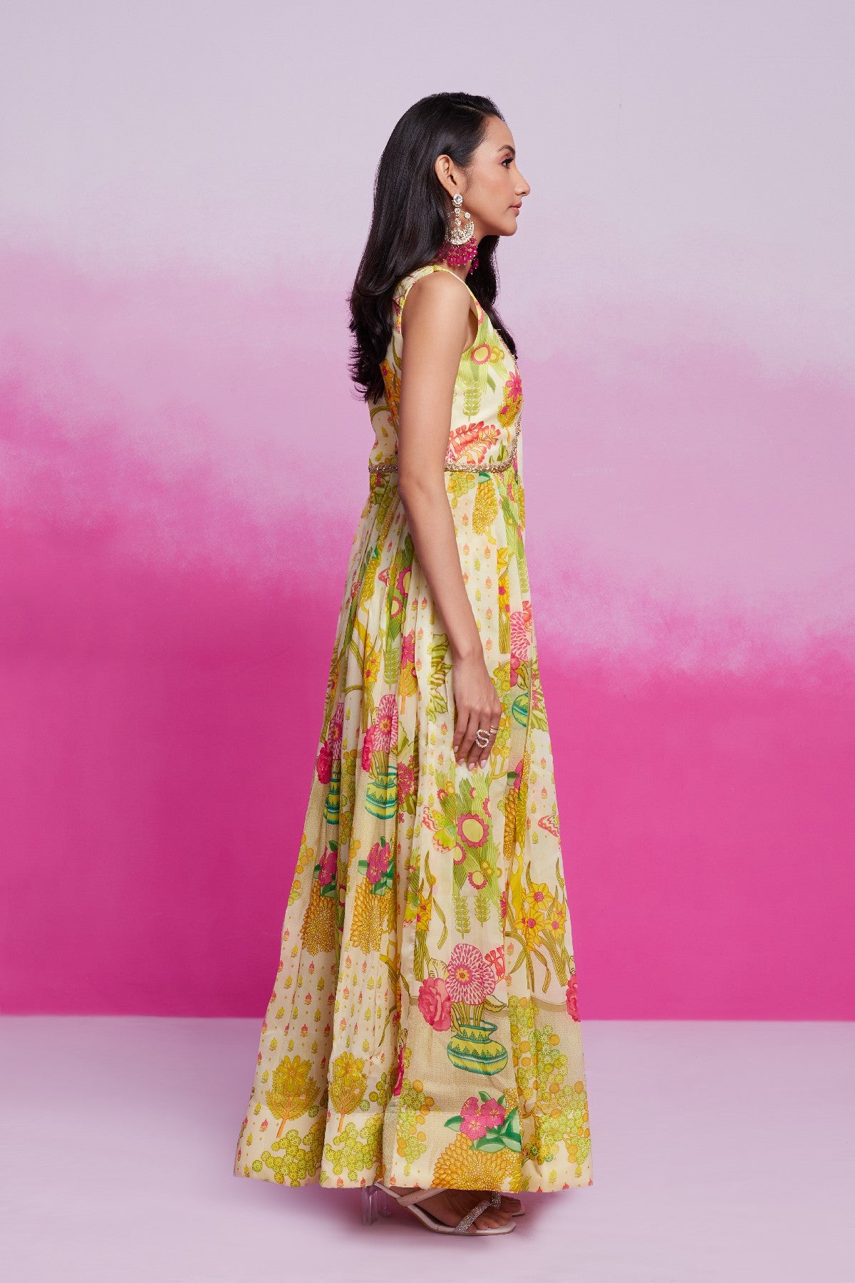 Amazing Yellow Handworked Floral Printed Organza Gown