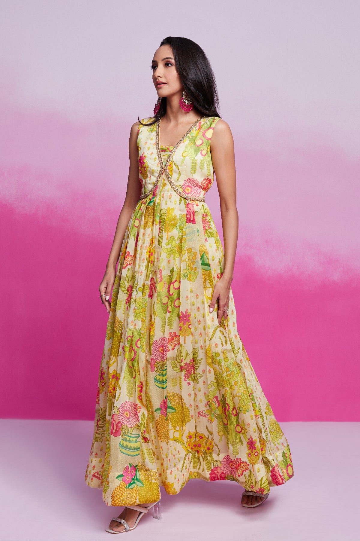 Amazing Yellow Handworked Floral Printed Organza Gown