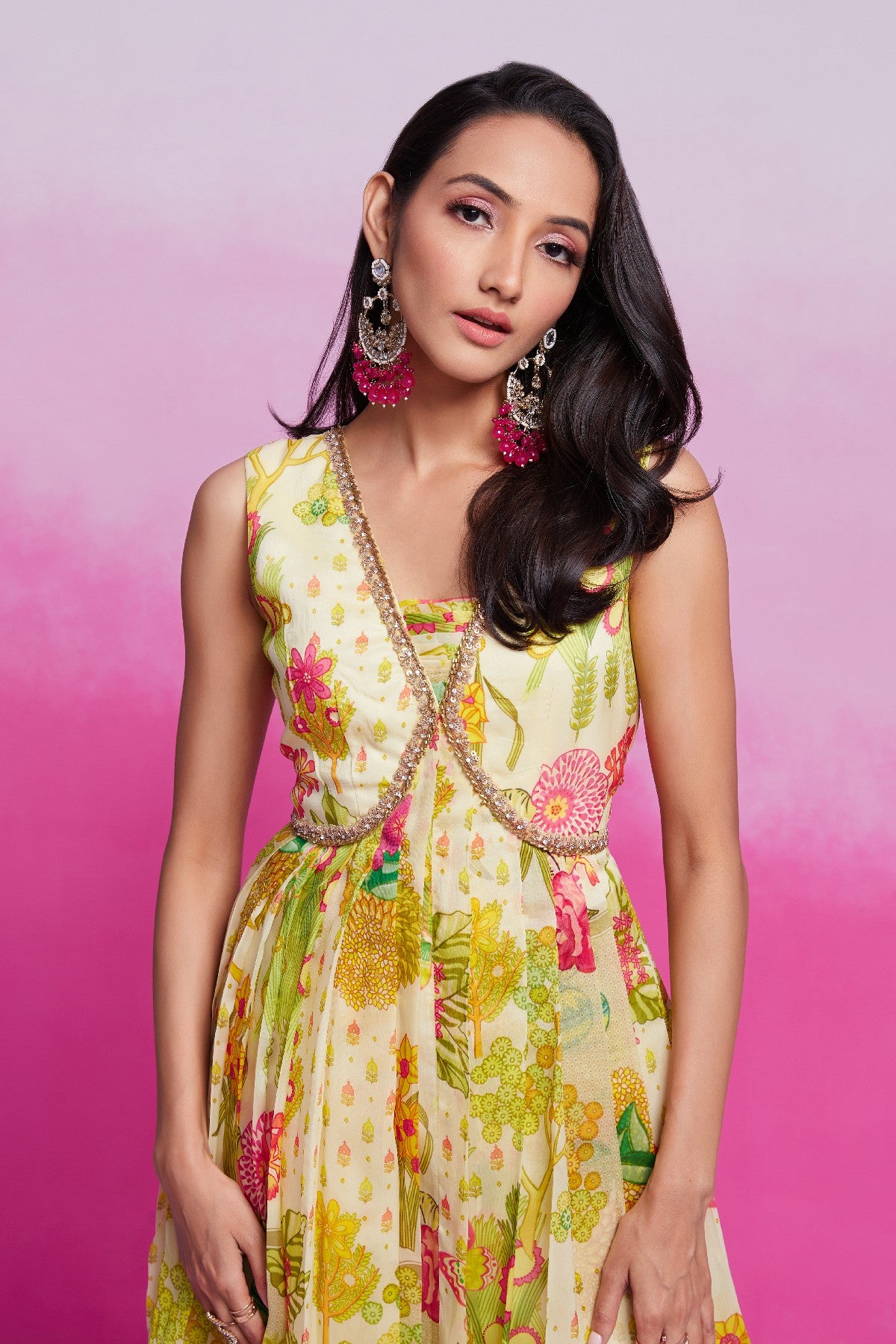 Amazing Yellow Handworked Floral Printed Organza Gown
