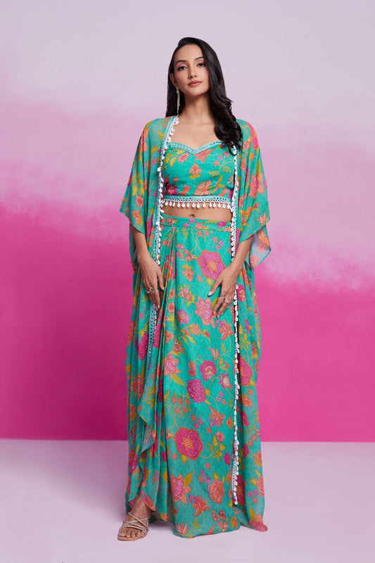 Turquoise Printed & Embroidered Georgette Co-Ord Set