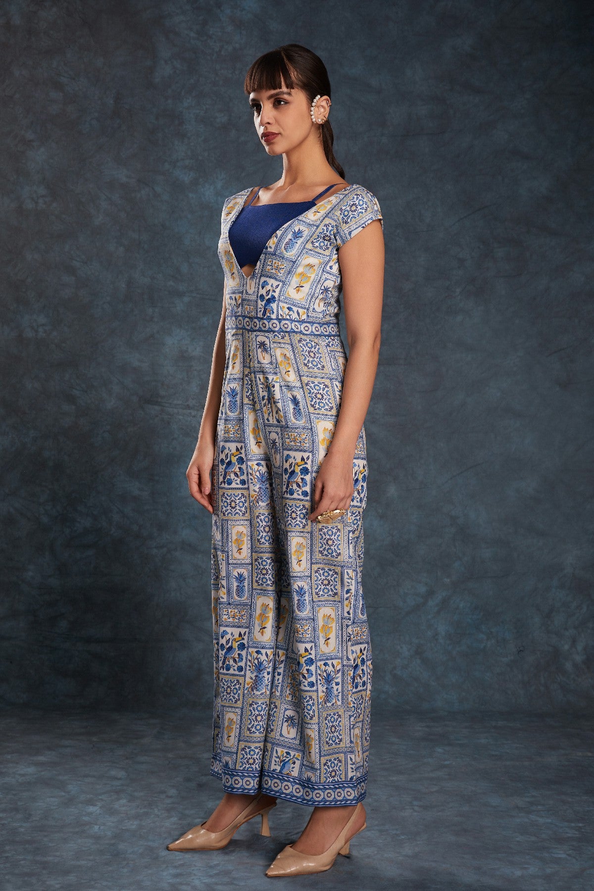 Navy Blue Printed Linen Jumpsuit with Blouse – Chic & Contemporary Fusion
