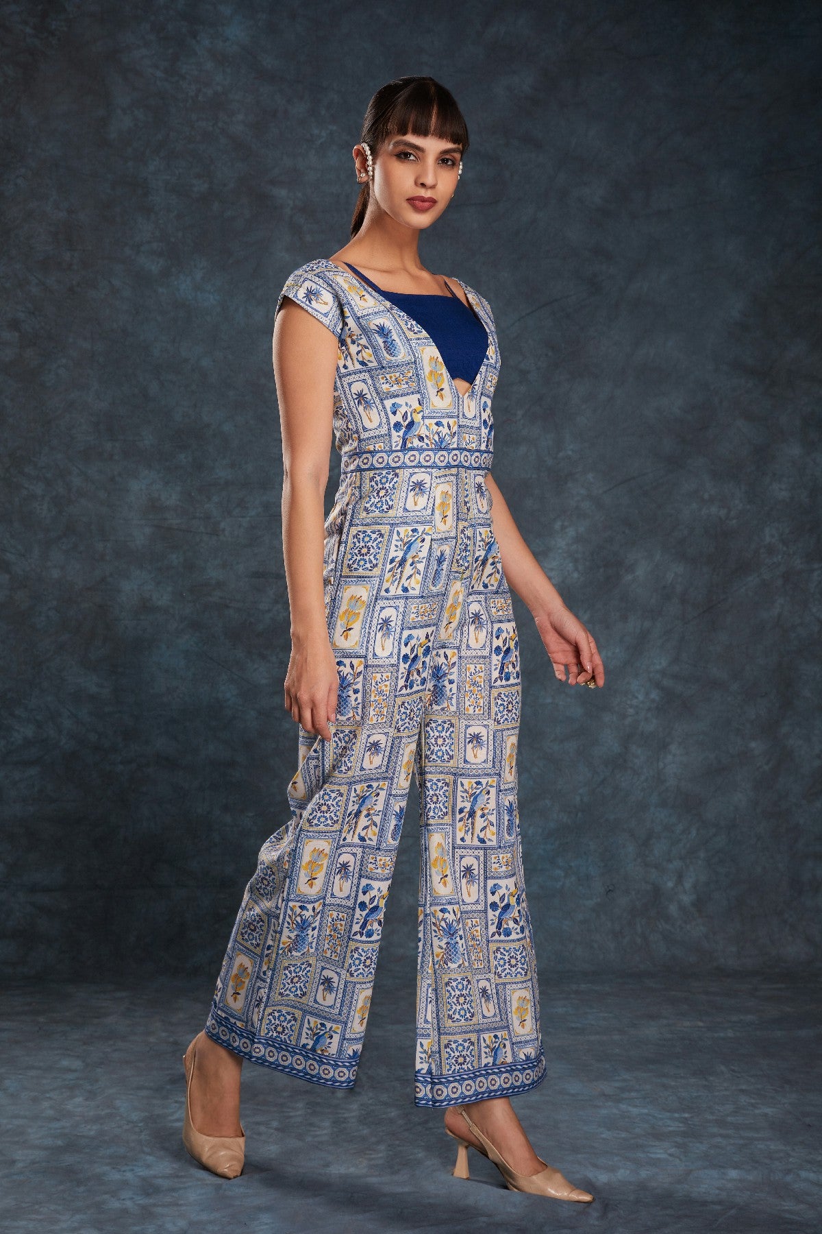 Navy Blue Printed Linen Jumpsuit with Blouse – Chic & Contemporary Fusion