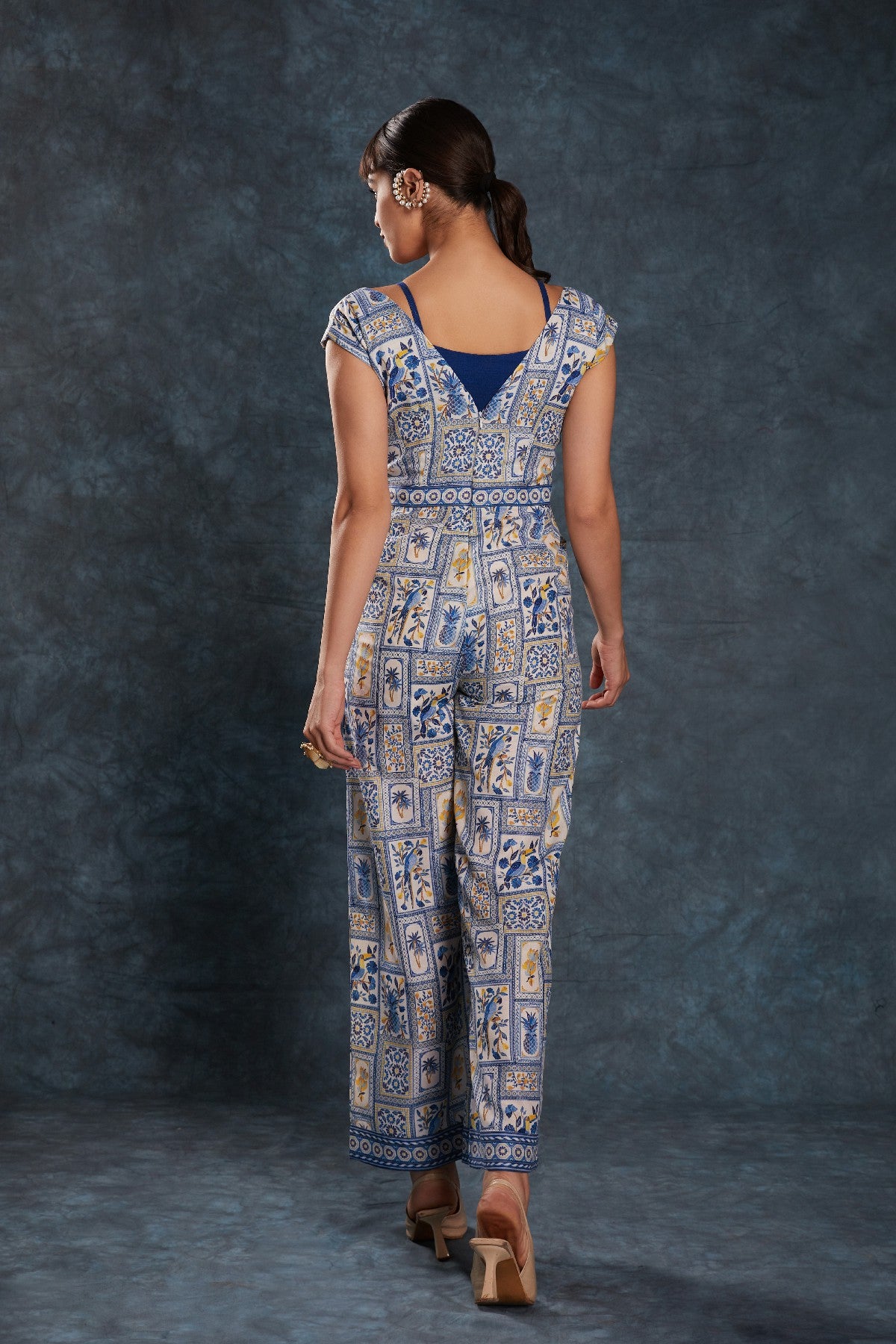 Navy Blue Printed Linen Jumpsuit with Blouse – Chic & Contemporary Fusion