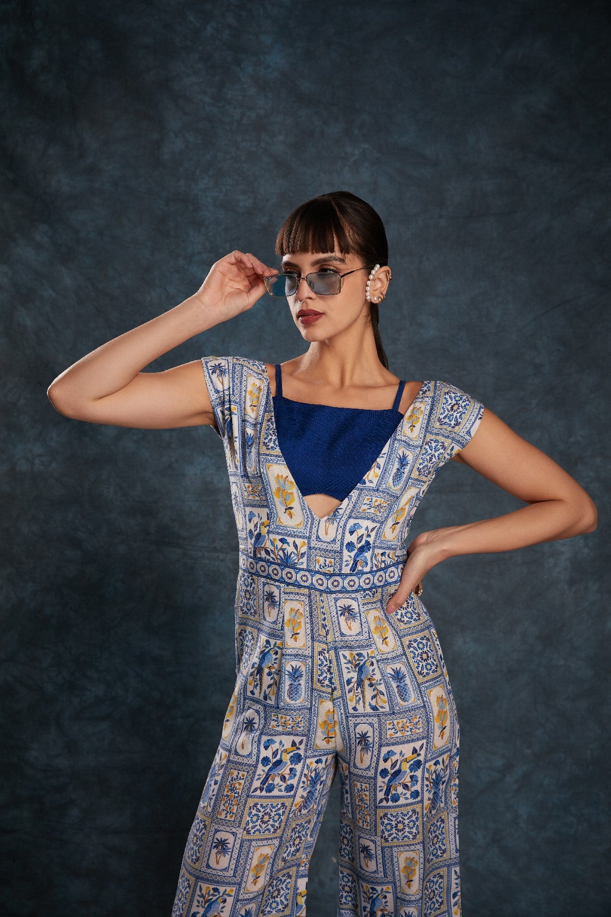 Navy Blue Printed Linen Jumpsuit with Blouse – Chic & Contemporary Fusion