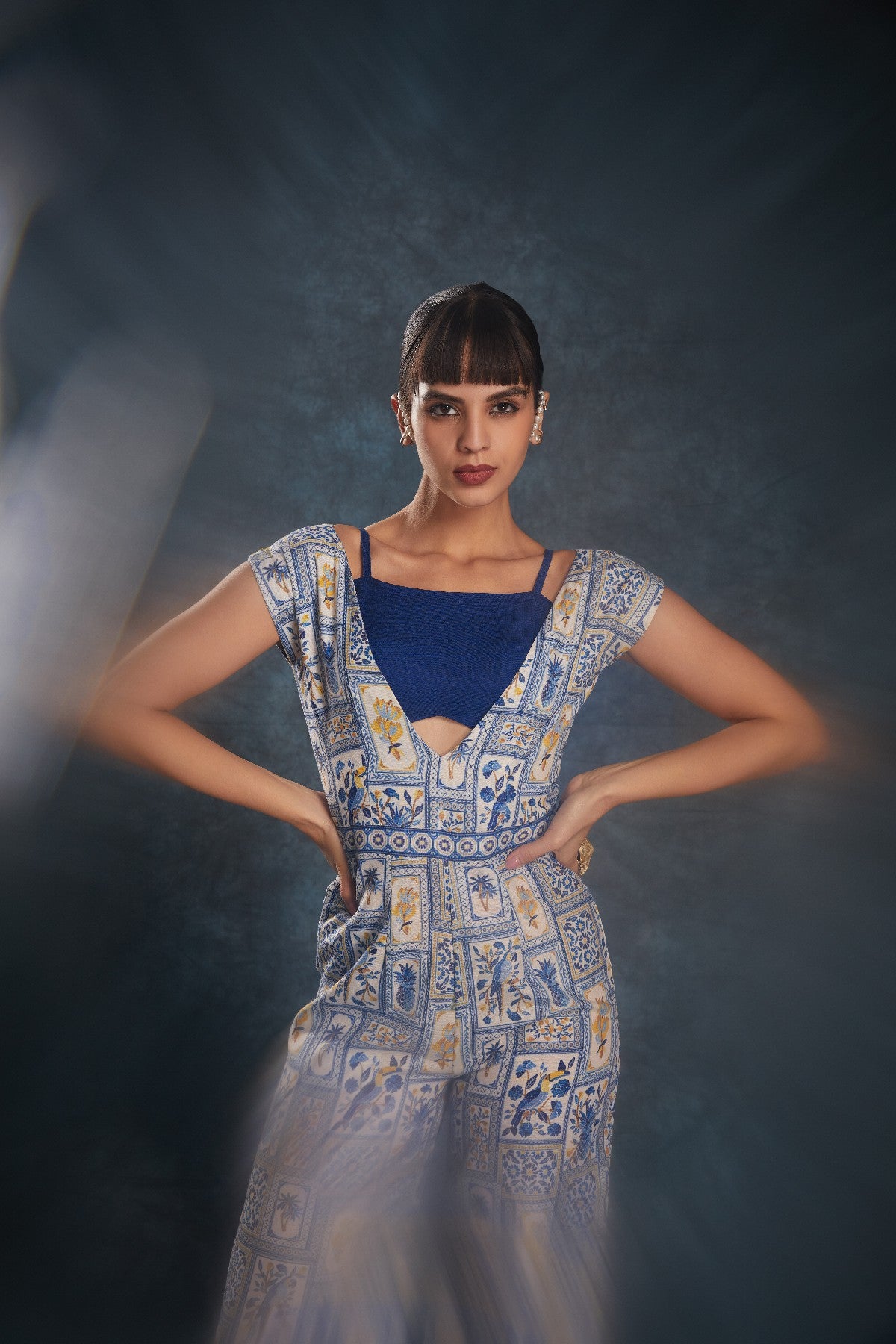 Navy Blue Printed Linen Jumpsuit with Blouse – Chic & Contemporary Fusion