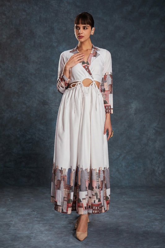 White Printed Linen Maxi Dress – Effortless Elegance in Every Step