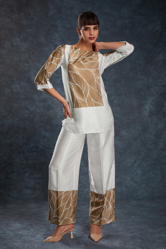White Printed Linen Satin Co-Ord Set – Minimalist Luxe With Modern Twist