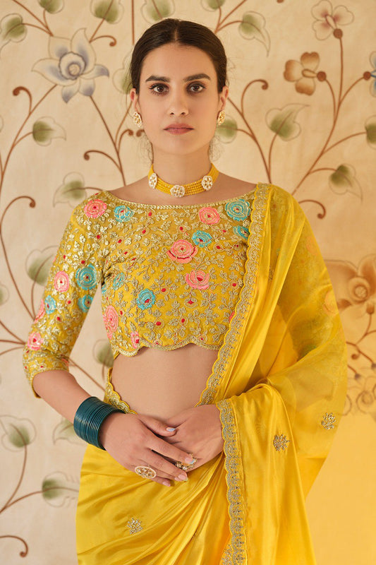 Sunshine Glow – Yellow Organza Saree With Elegant Embroidery