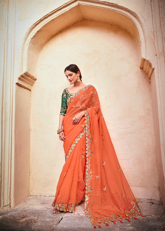 Orange Organza Saree with Real Mirror & Zari Work