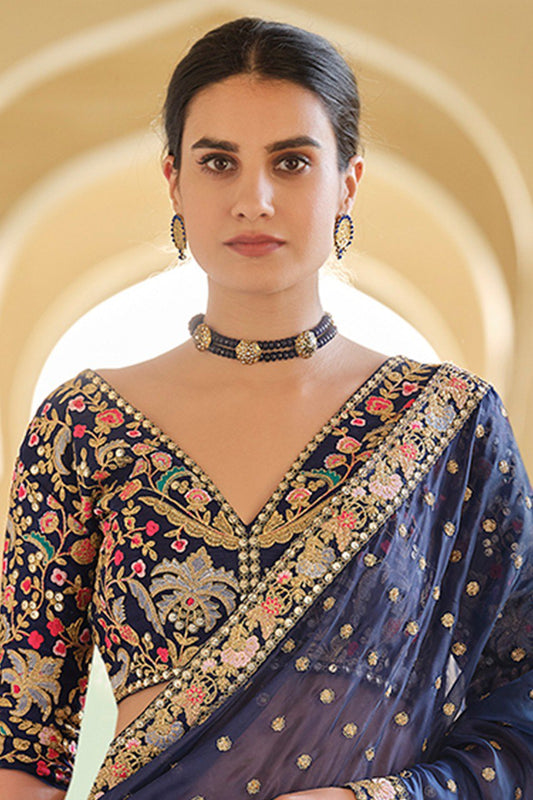 Elegant Charm – Blue Organza Saree with Zari, Thread & Sequins Work