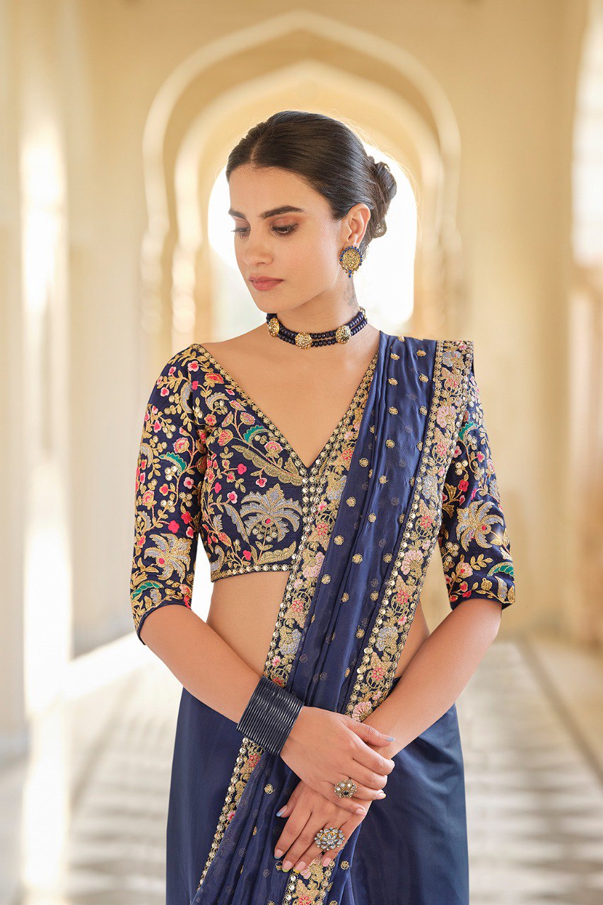 Elegant Charm – Blue Organza Saree with Zari, Thread & Sequins Work