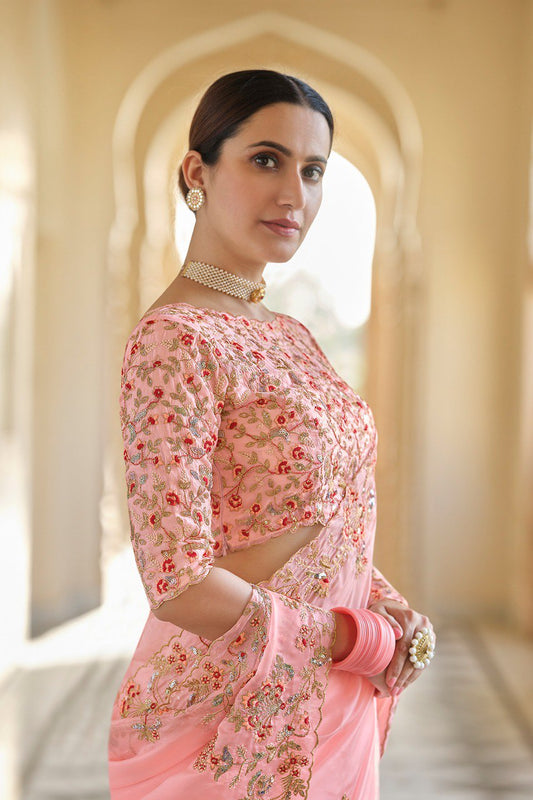 Grace in Peach – Organza Saree with Sequins, Zari & Thread Work