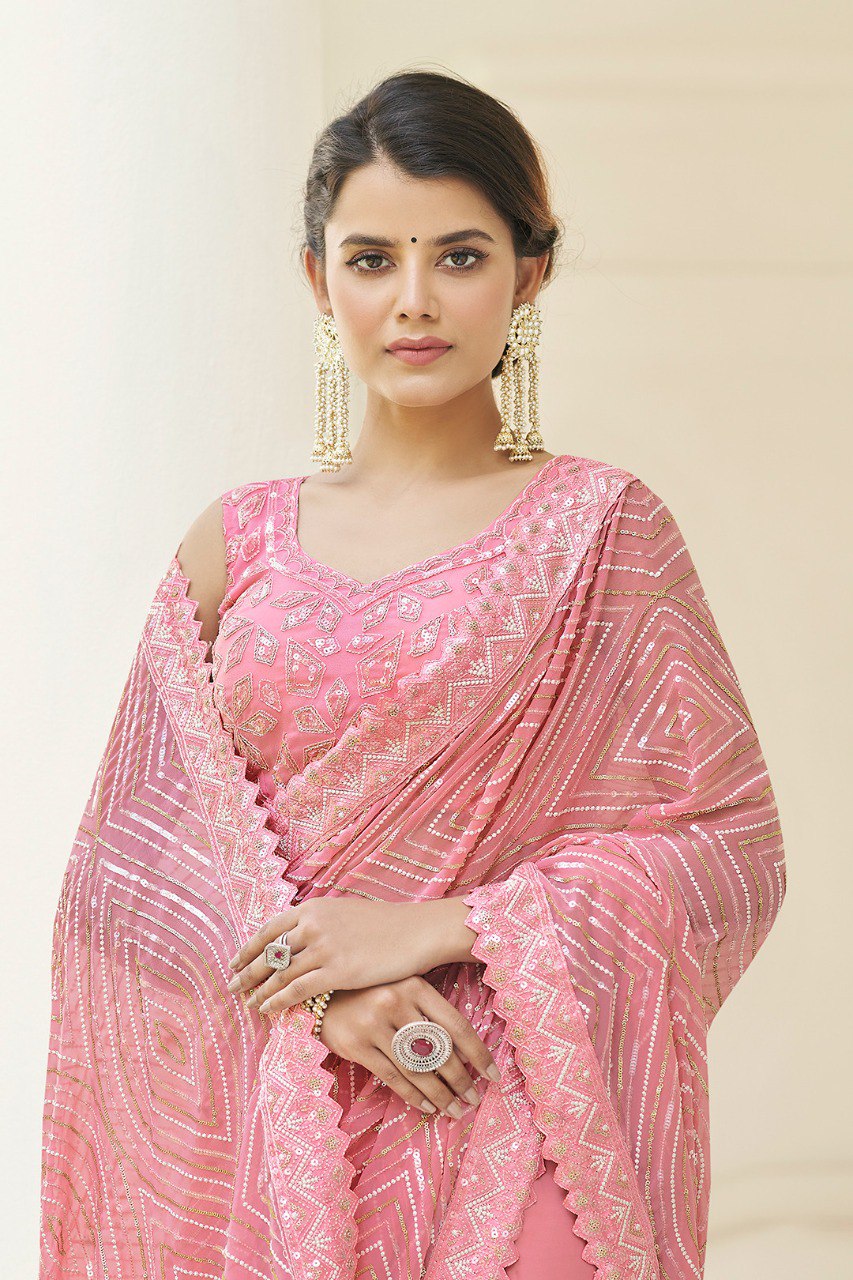 Pink Georgette Saree with Thread & Sequins Work