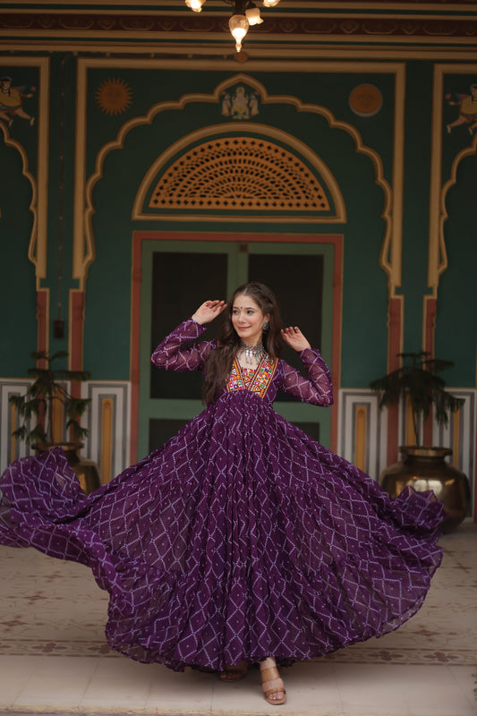 Bandhani Print Kutchi Patchwork Gown in Faux Georgette – Grand 12 Meter Flair