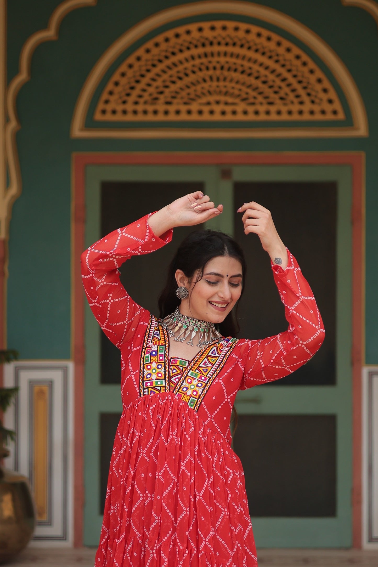 Bandhani Print Kutchi Patchwork Gown in Faux Georgette – Grand 12 Meter Flair