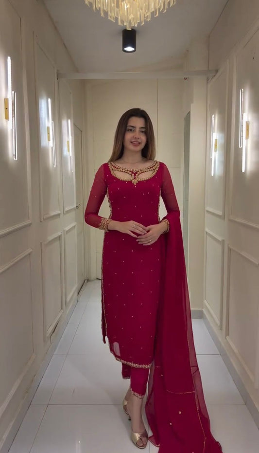 Premium Foux Georgetta Embroidered Kurti , Pant And Duppta Set