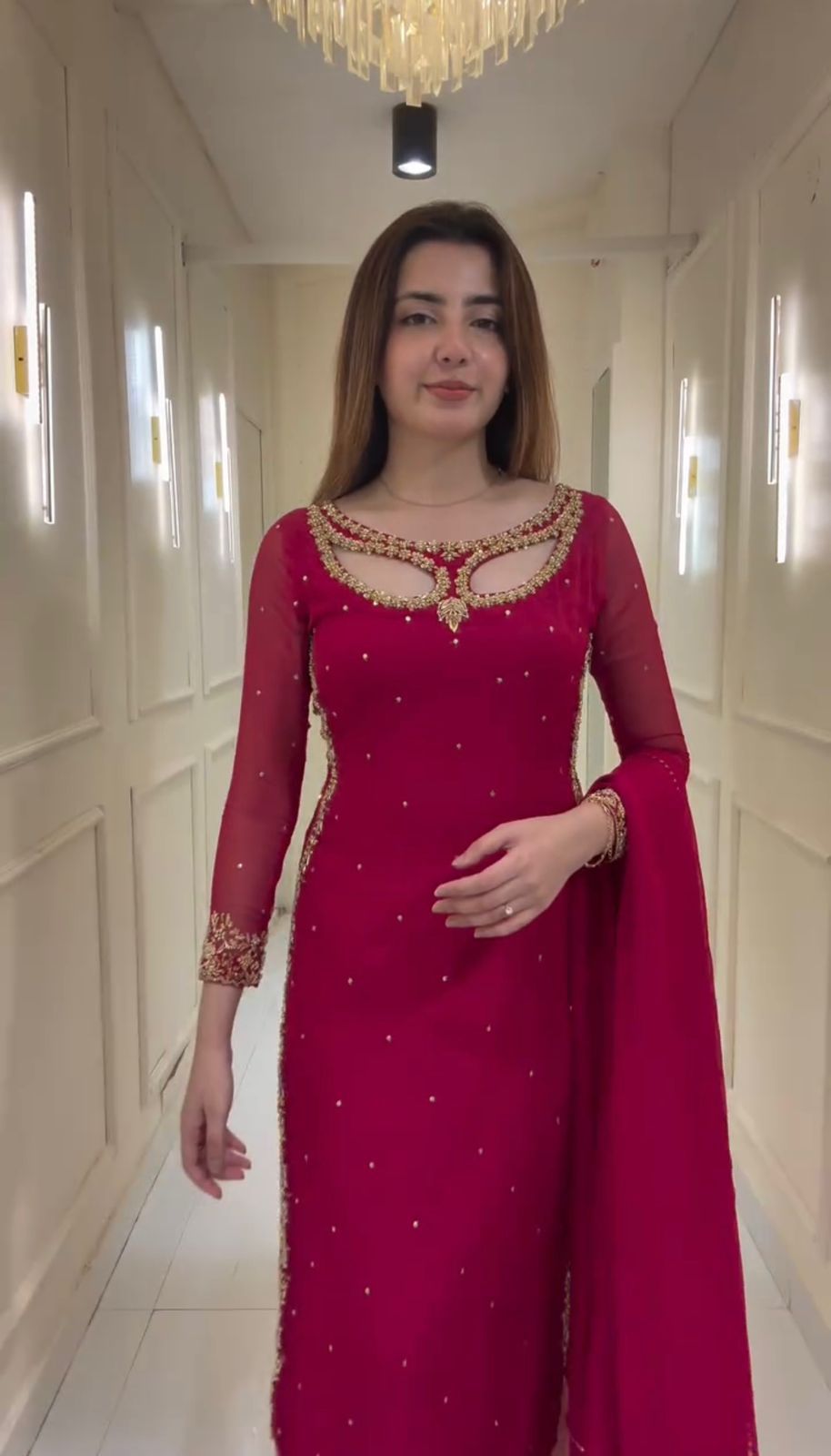 Premium Foux Georgetta Embroidered Kurti , Pant And Duppta Set