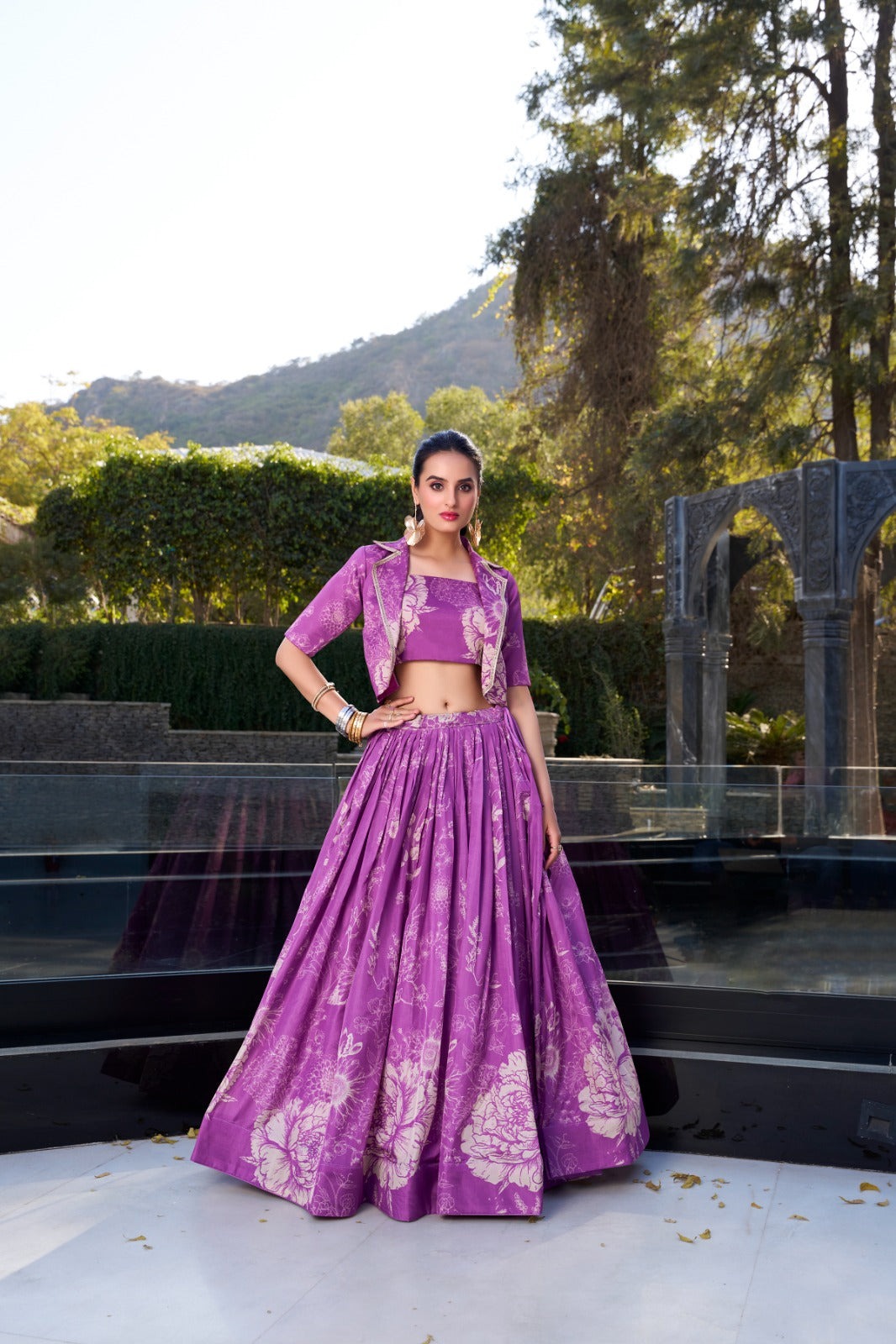 Exquisite Tussar Silk Floral Printed Lehenga Choli Koti Set